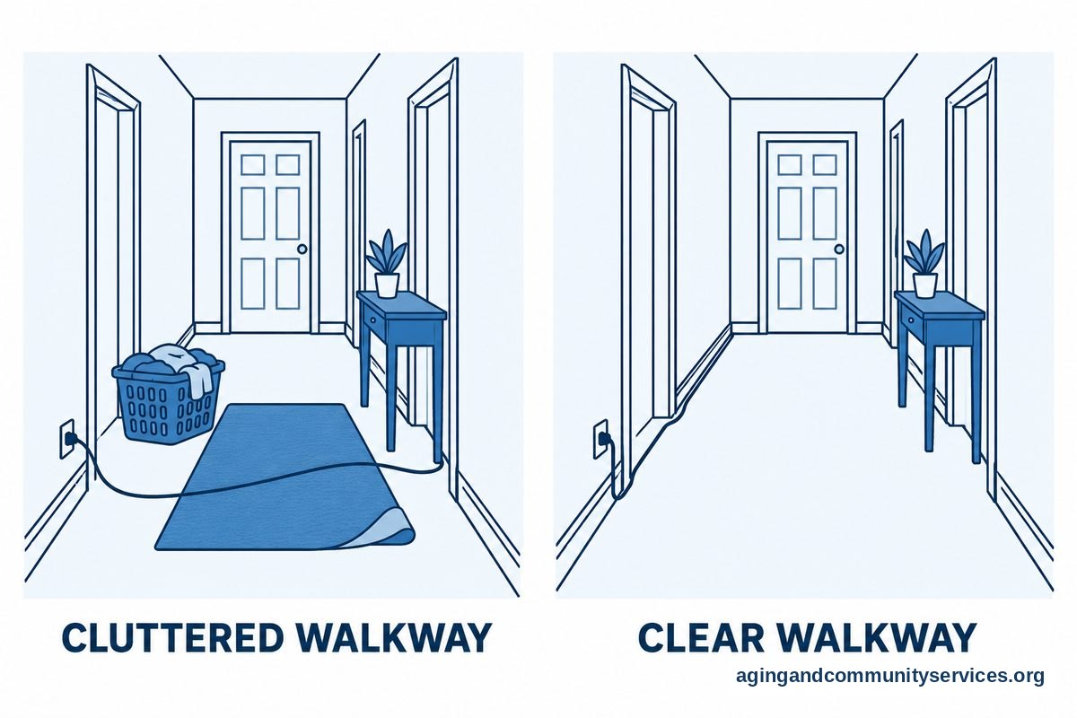 Two views of the same hallway show a loose rug, a cord, and a basket in the walking route, then the route with those items removed.