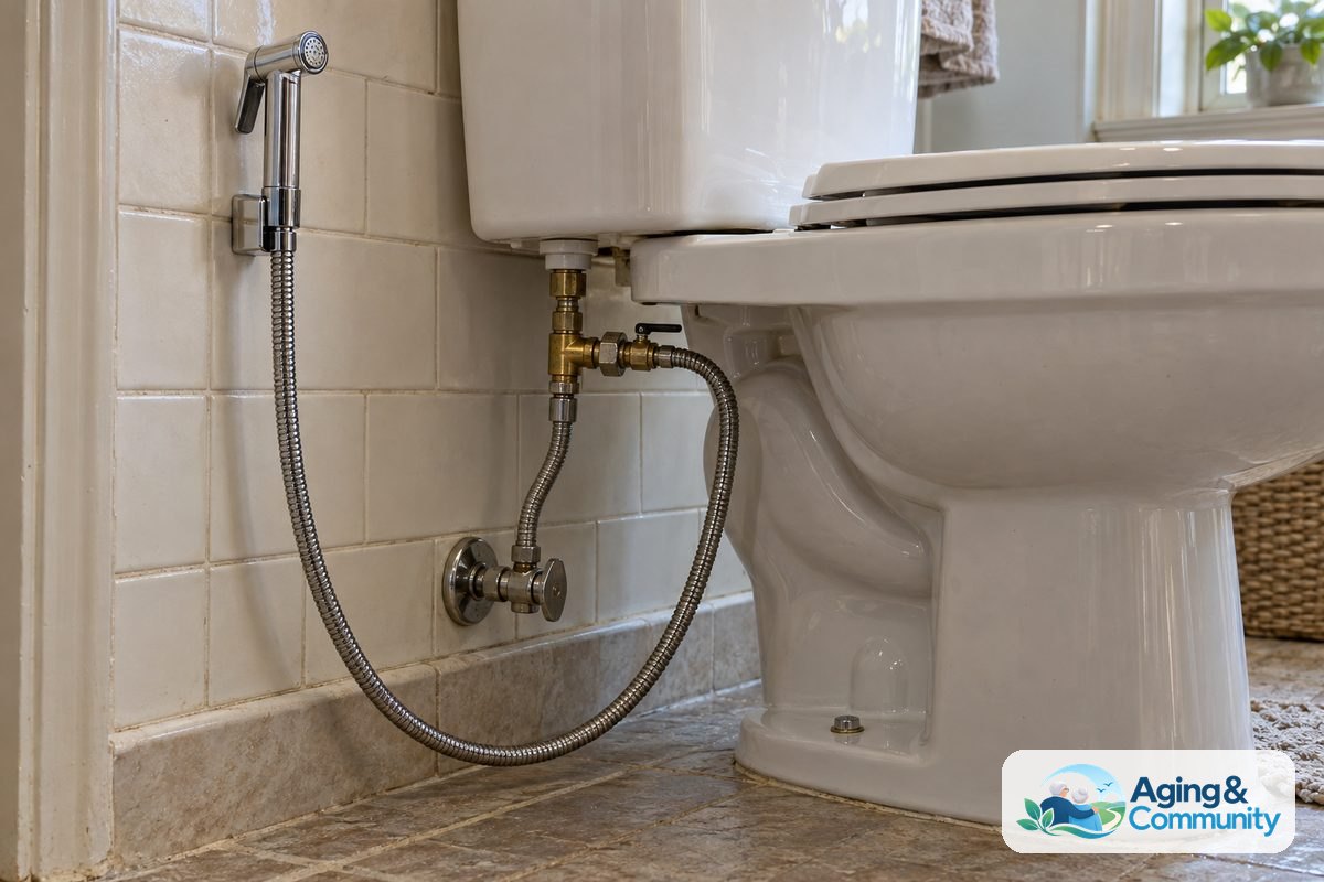A chrome handheld sprayer rests in a wall bracket beside a toilet, with its hose connected to a valve beneath the tank.