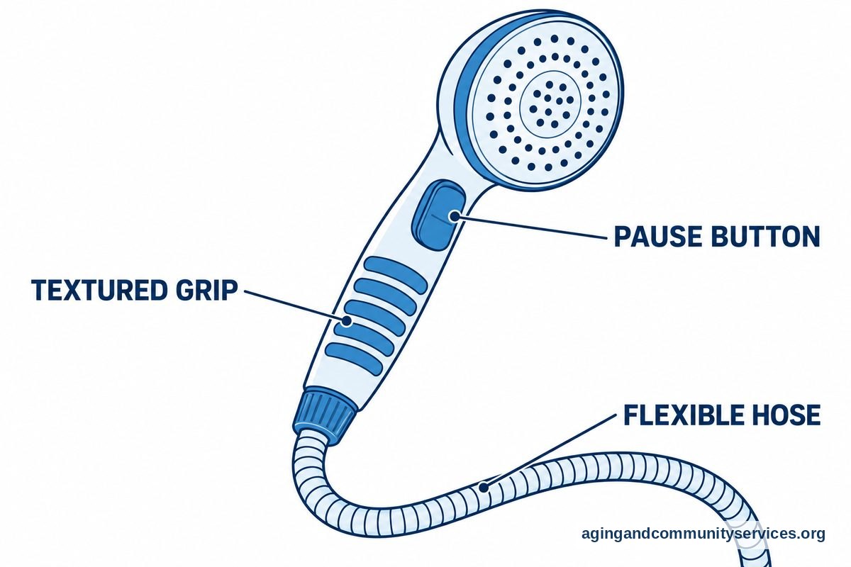 A large handheld shower wand has callouts pointing to its textured grip, handle button, and flexible hose.