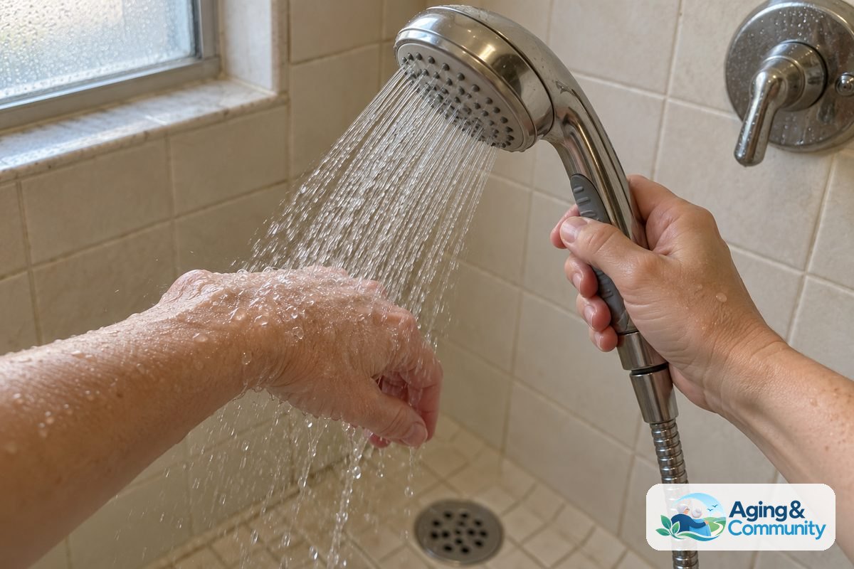 A gentle stream from a downward angled handheld shower wand runs over the back of a wrist above a tiled shower floor.
