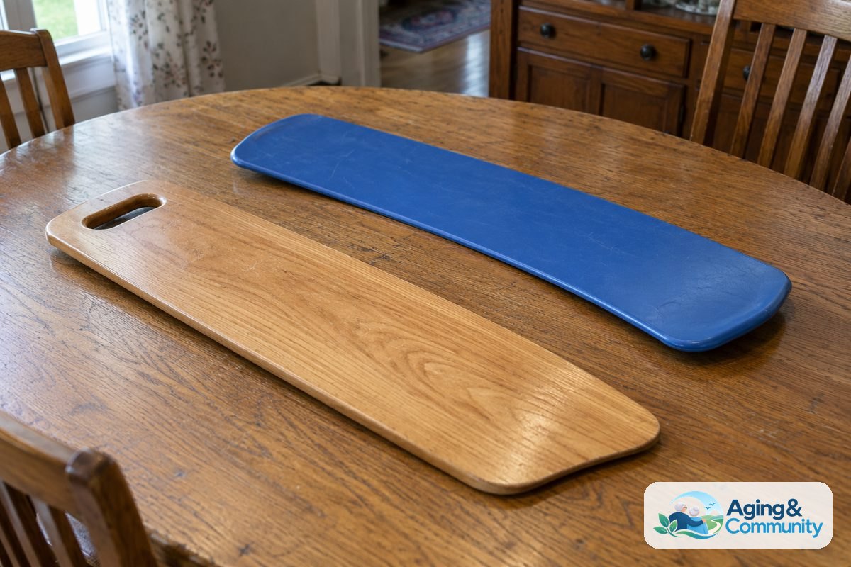 A polished hardwood transfer board and a curved blue composite transfer board lie separately on a wooden table with their tapered ends visible.