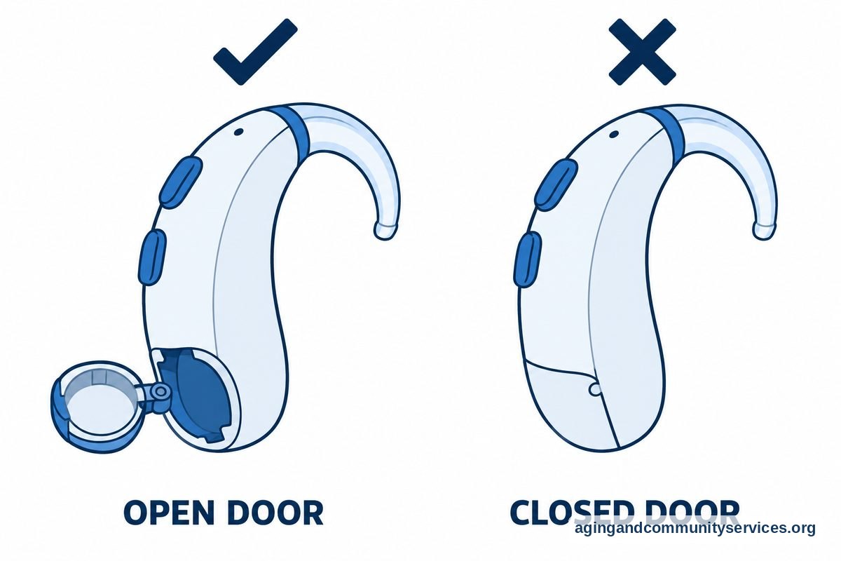 Two enlarged drawings of the same hearing aid show an open battery door beside a check mark and a closed battery door beside a cross.