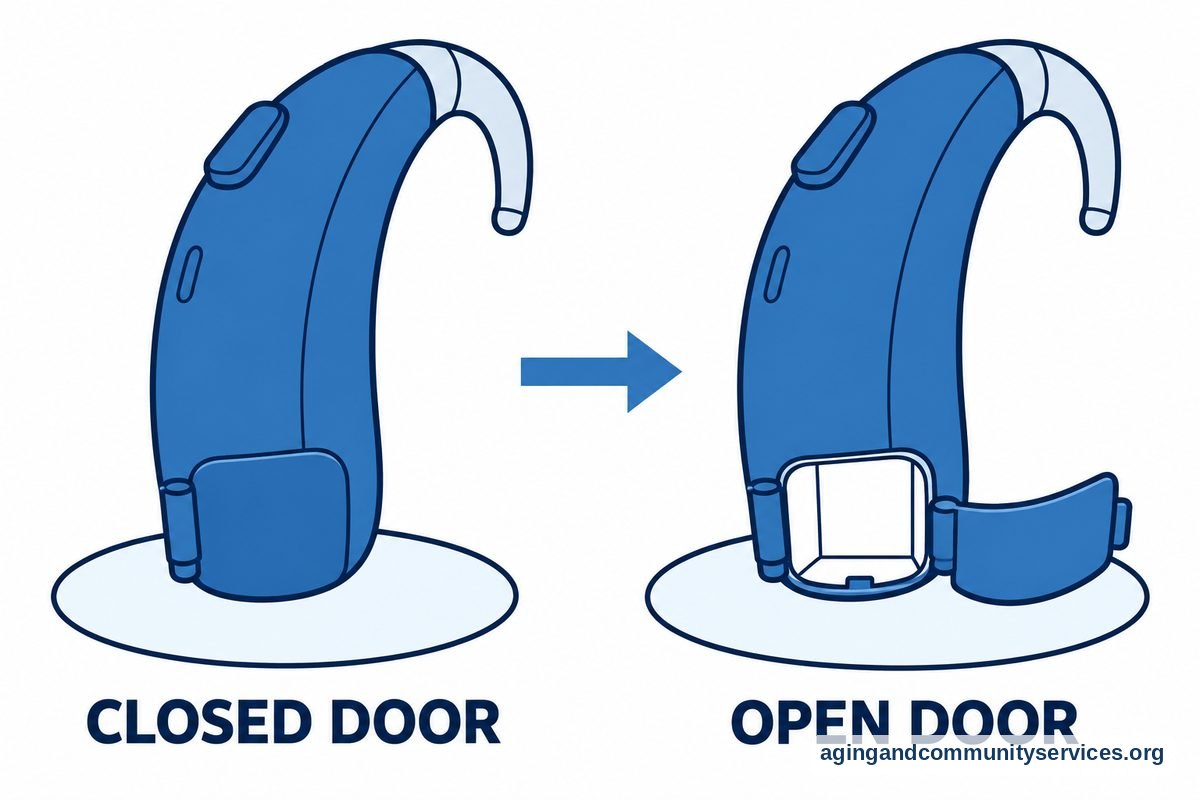 Two matching views of a hearing aid on a foam insert show its battery door closed on the left and swung open on the right.
