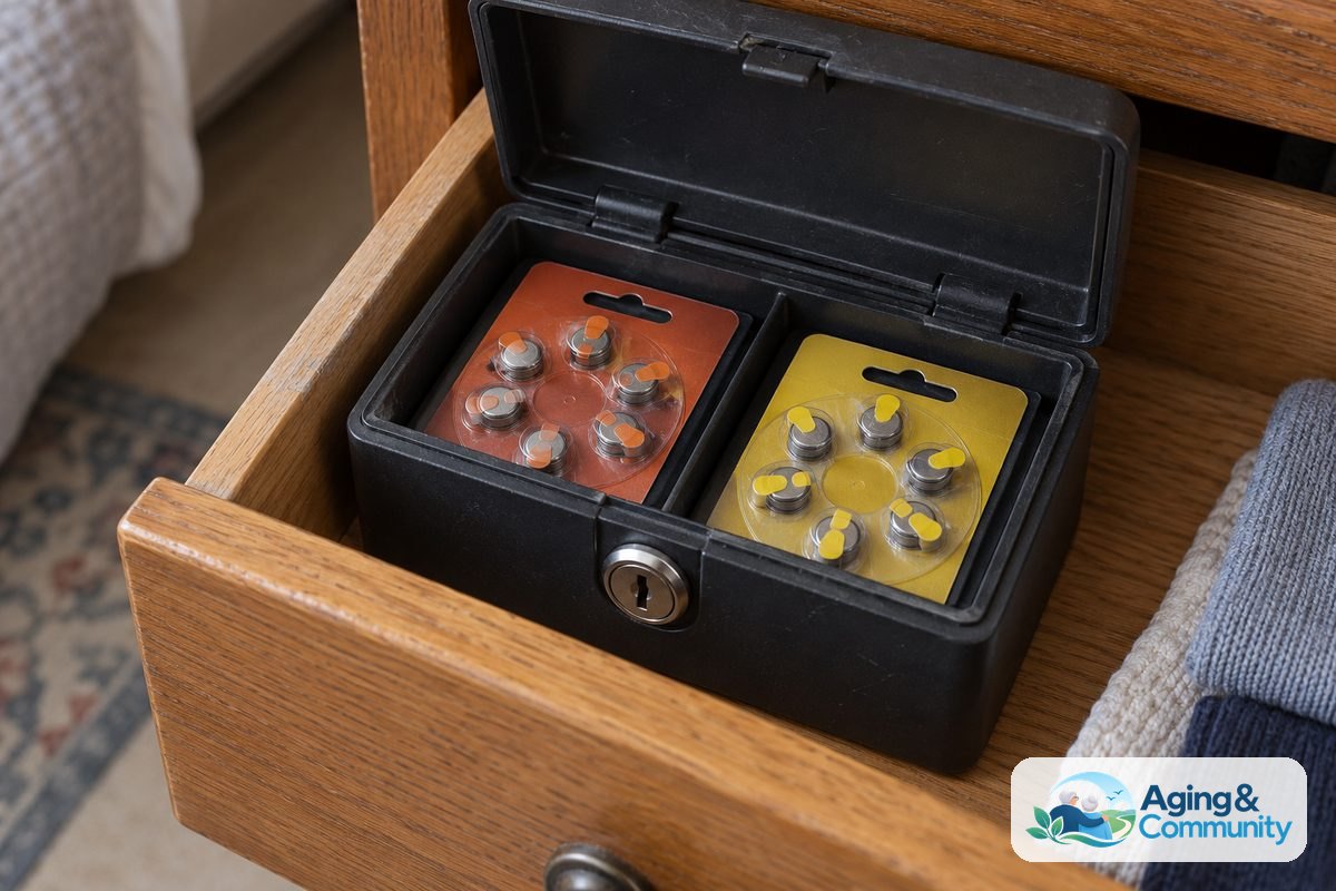 An open lockable storage box inside a wooden drawer holds intact hearing aid battery packs in separate compartments.