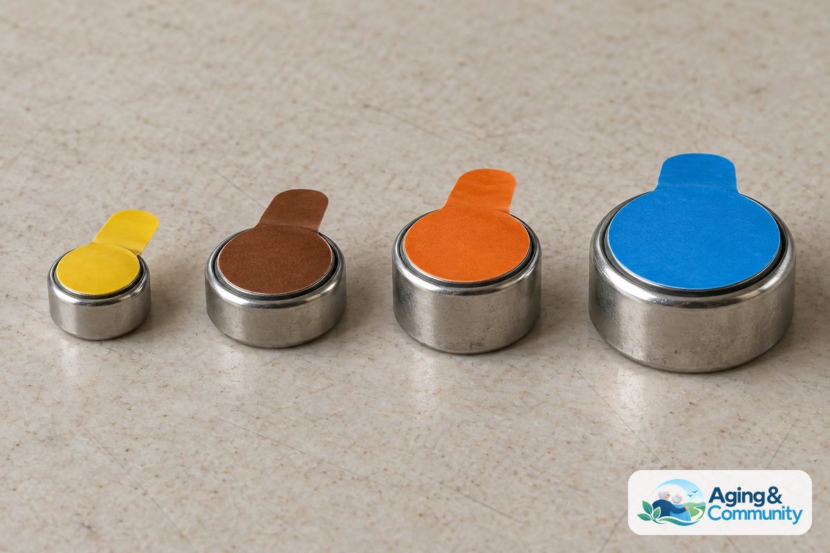 Four silver hearing aid batteries sit in a row with yellow, brown, orange, and blue protective tabs attached.