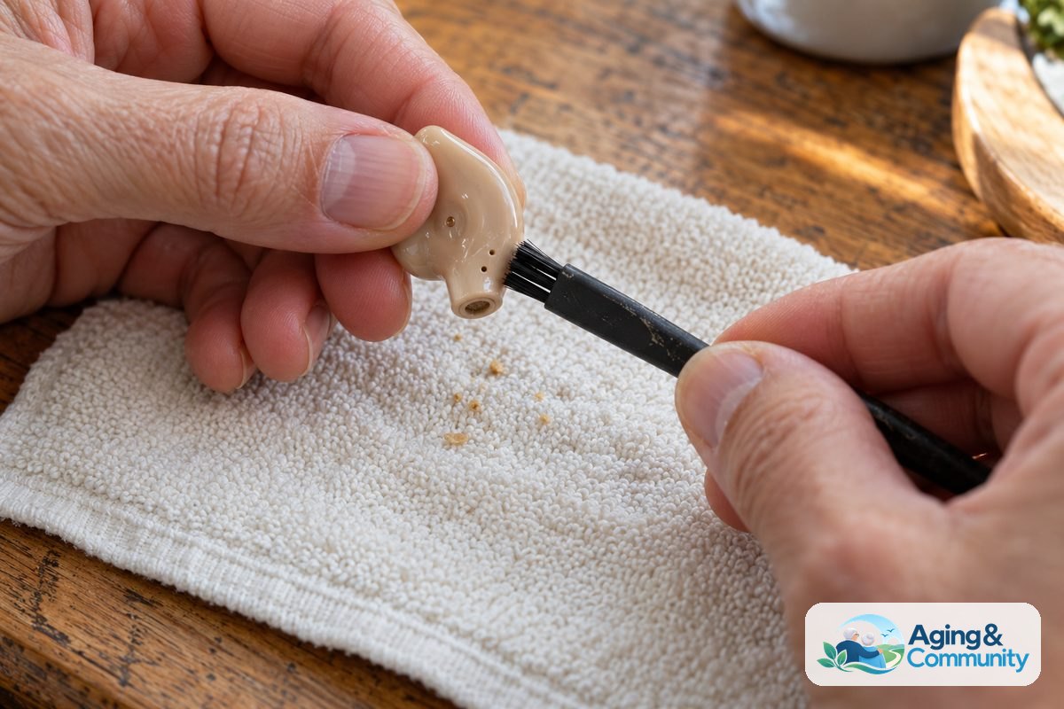Two hands hold a hearing aid and a soft brush above a cotton towel, with the sound opening angled downward.