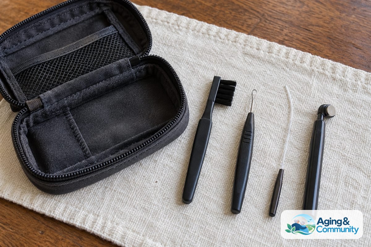 An open zippered pouch sits beside a soft brush, a rounded wire loop, a flexible vent cleaner, and a magnetic battery wand.