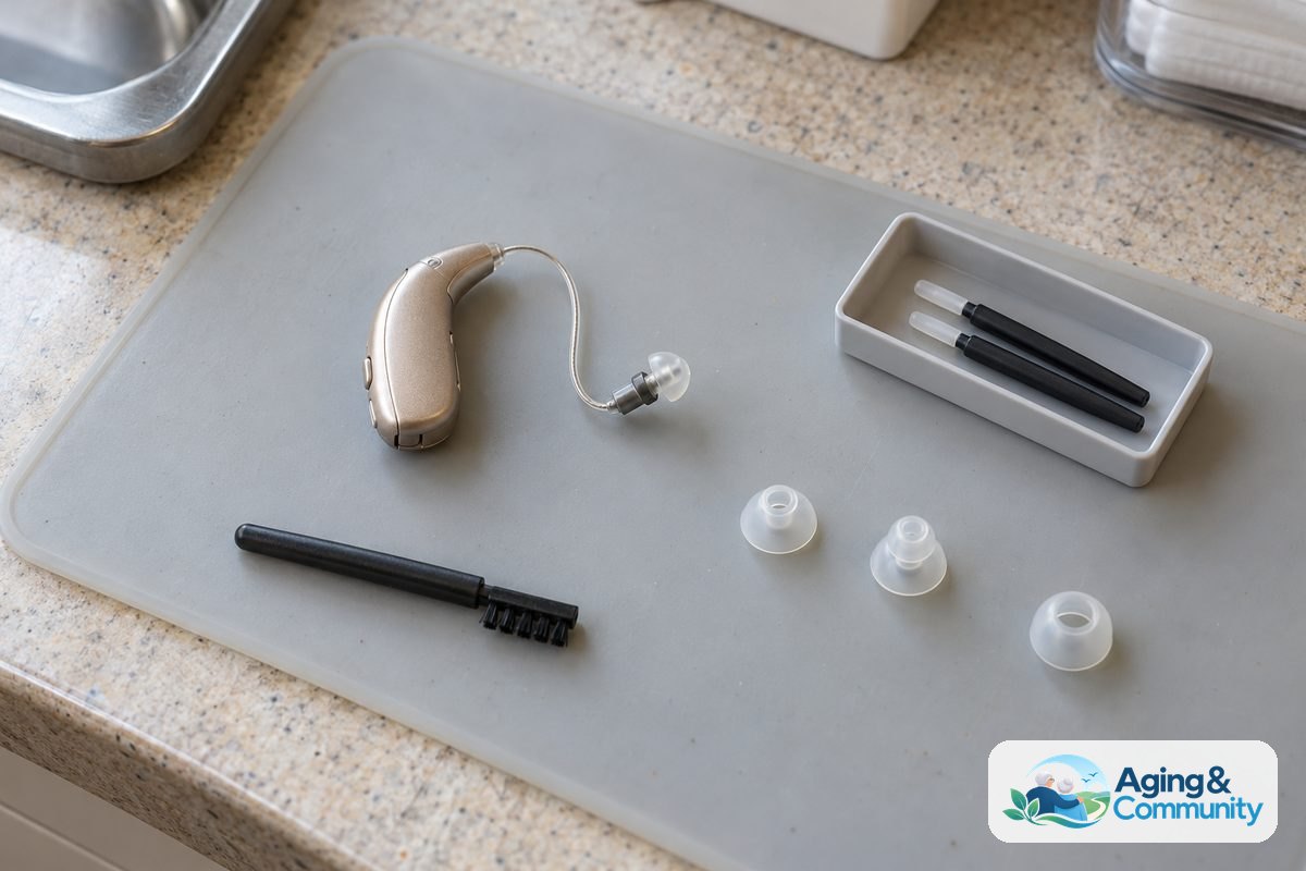 A hearing aid, a small cleaning brush, replacement wax filters, and silicone domes lie on a service mat.