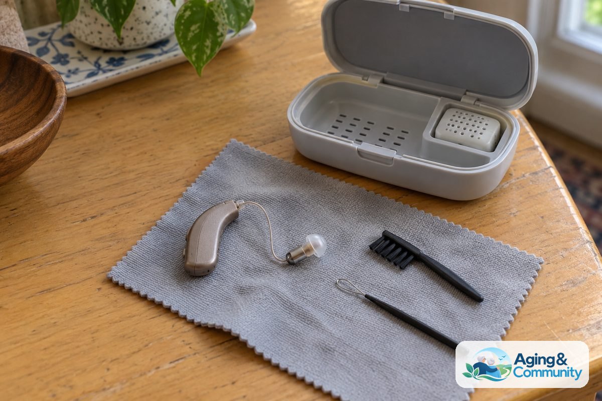 A hearing aid, a small cleaning brush, a wax pick, and an open drying container rest on a soft cloth on a wooden table.