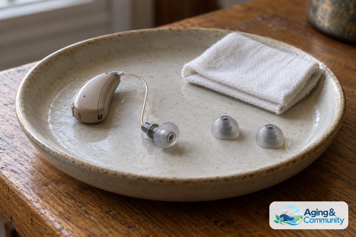 A hearing aid with an attached silicone dome rests beside a folded dry cloth and two replacement domes on a shallow tray.