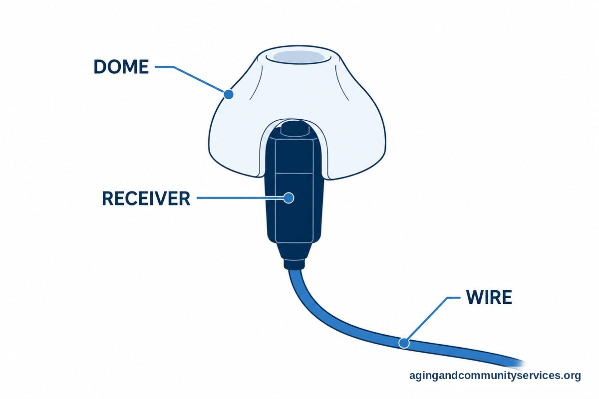 An enlarged hearing aid receiver assembly shows a silicone dome surrounding the receiver tip and a thin wire extending from its base.
