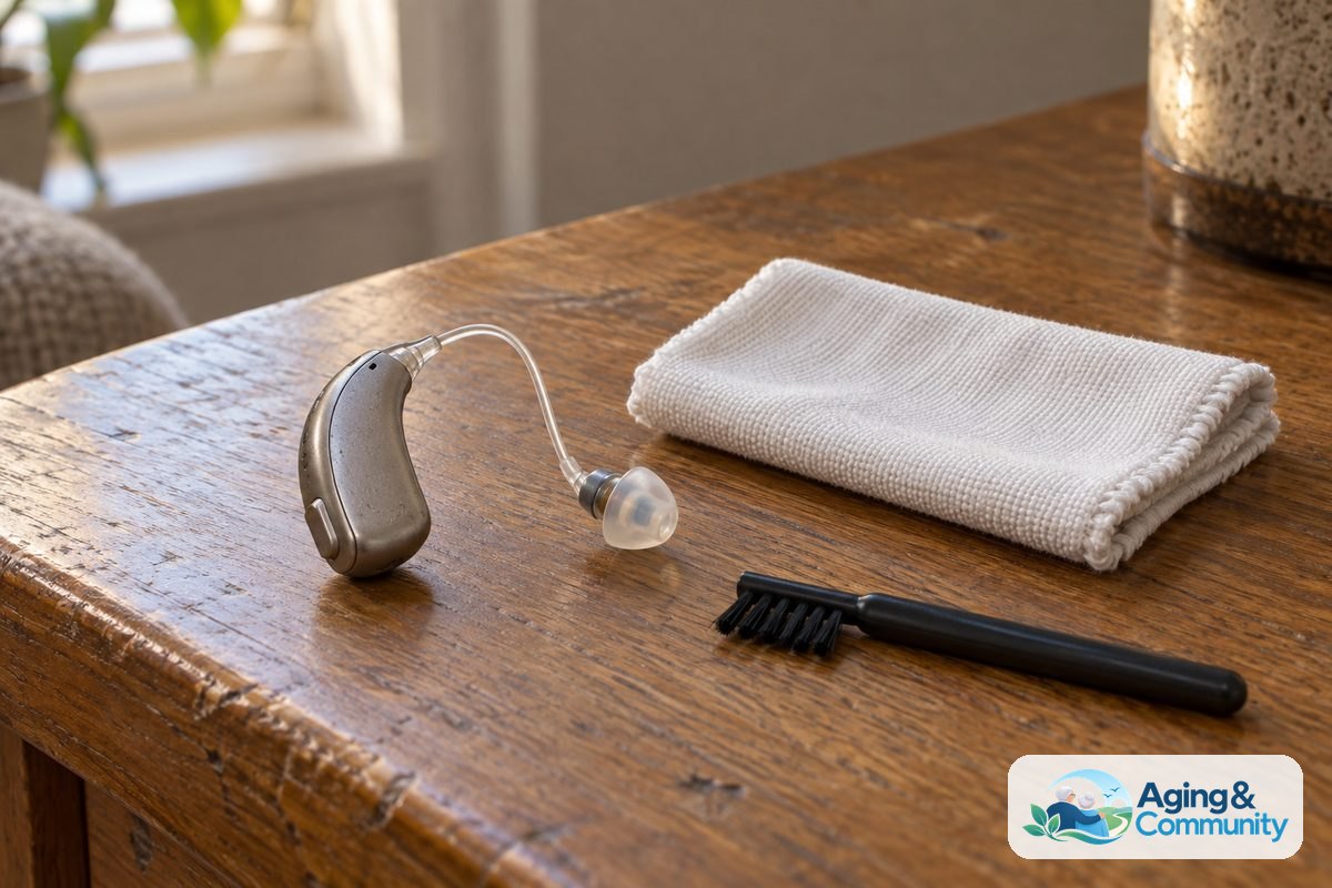 A hearing aid with its silicone dome attached rests beside a folded dry cloth and a small soft bristled cleaning brush on a wooden table.