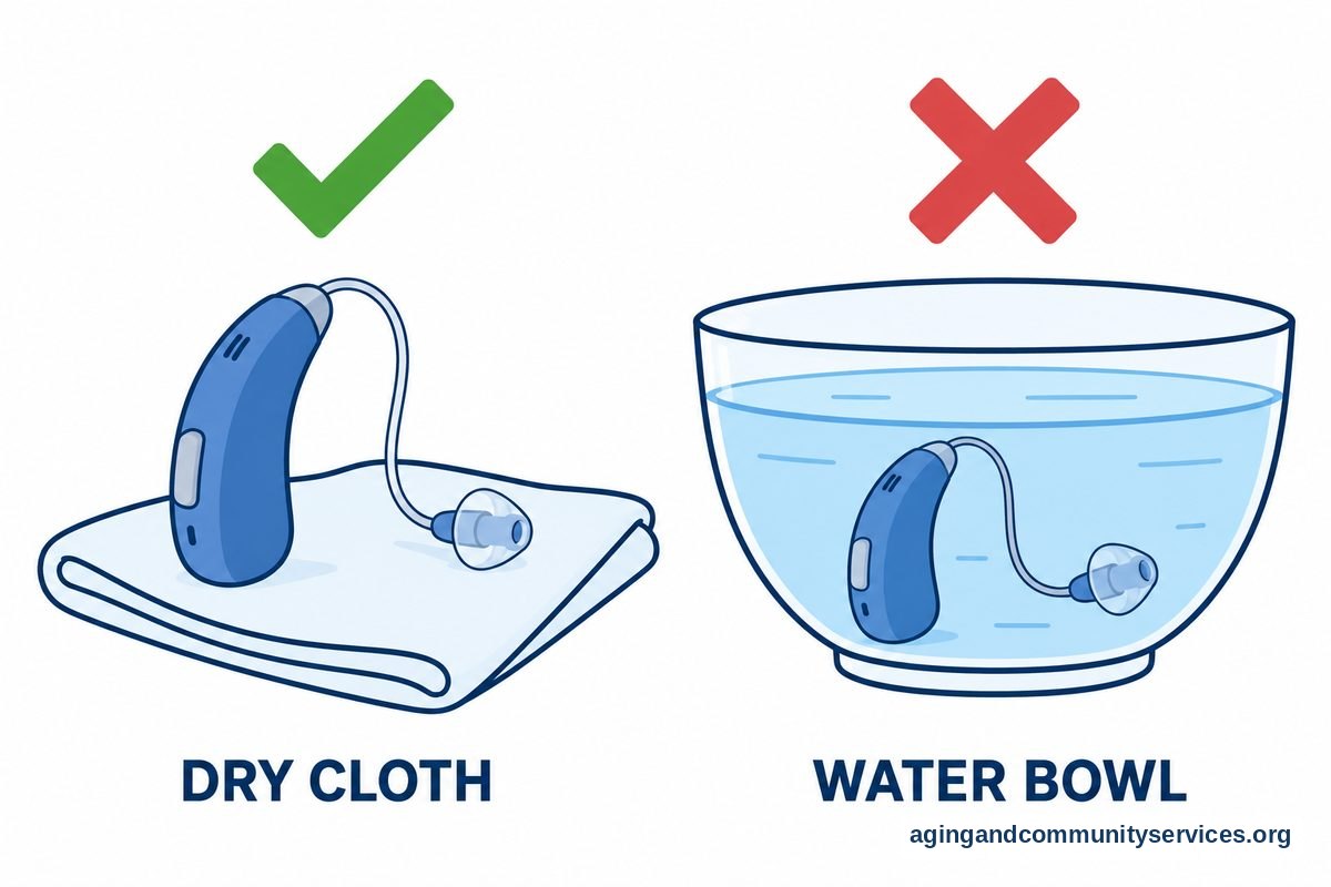 A green check marks a hearing aid beside a dry cloth, while a cross marks the same device submerged in a bowl of water.