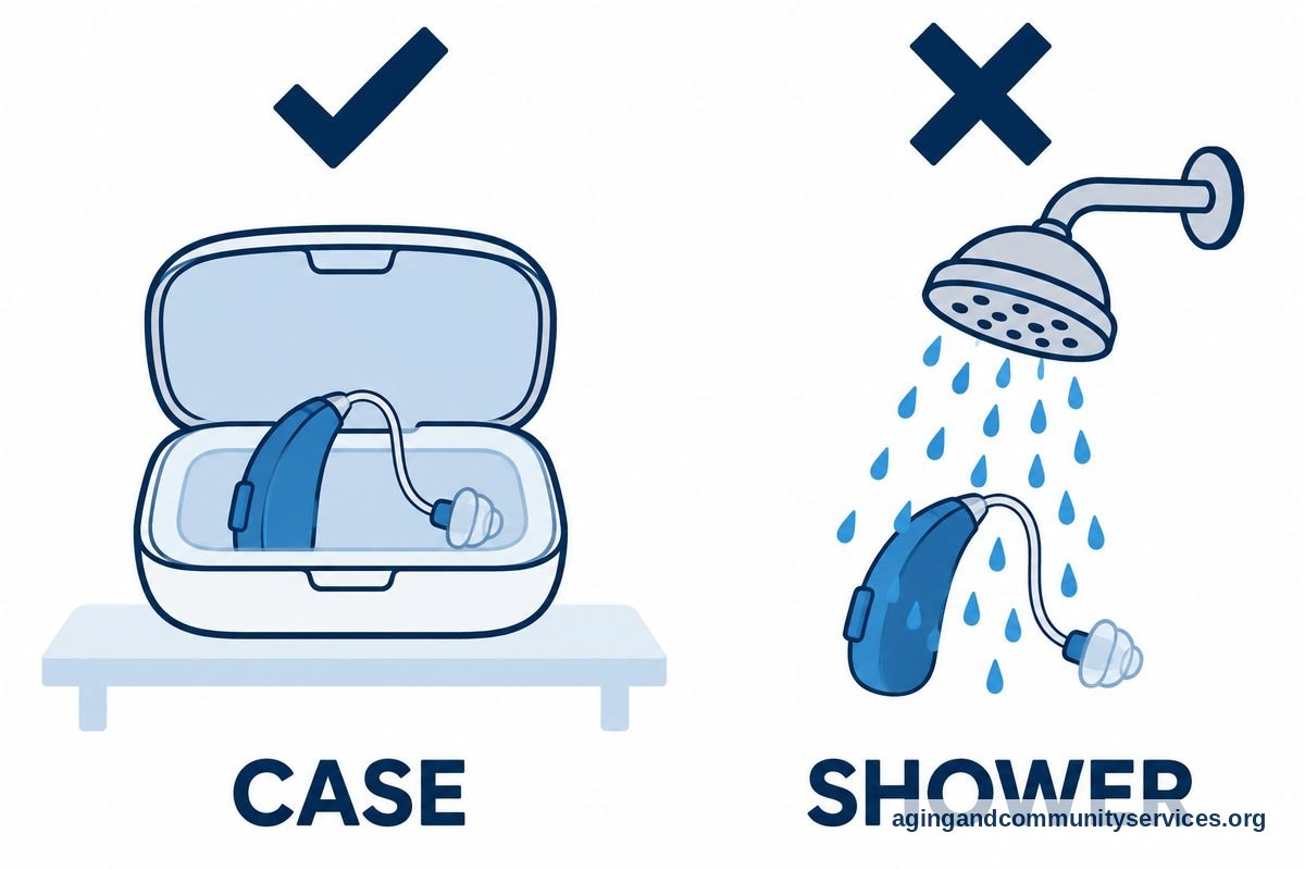 A check marks a hearing aid inside an open storage case, while a cross marks a hearing aid beneath running shower water.