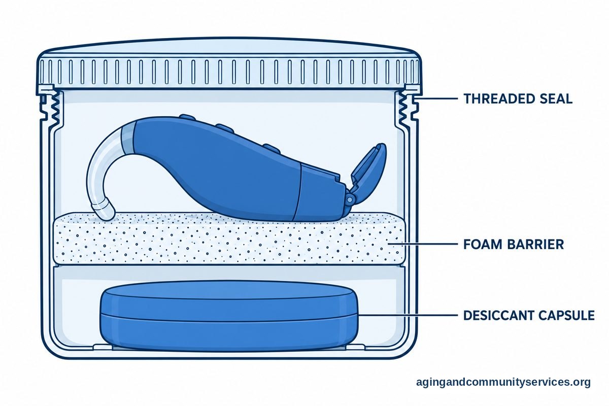 A cutaway drawing shows a closed drying cup with a hearing aid supported above a desiccant capsule by a foam insert.