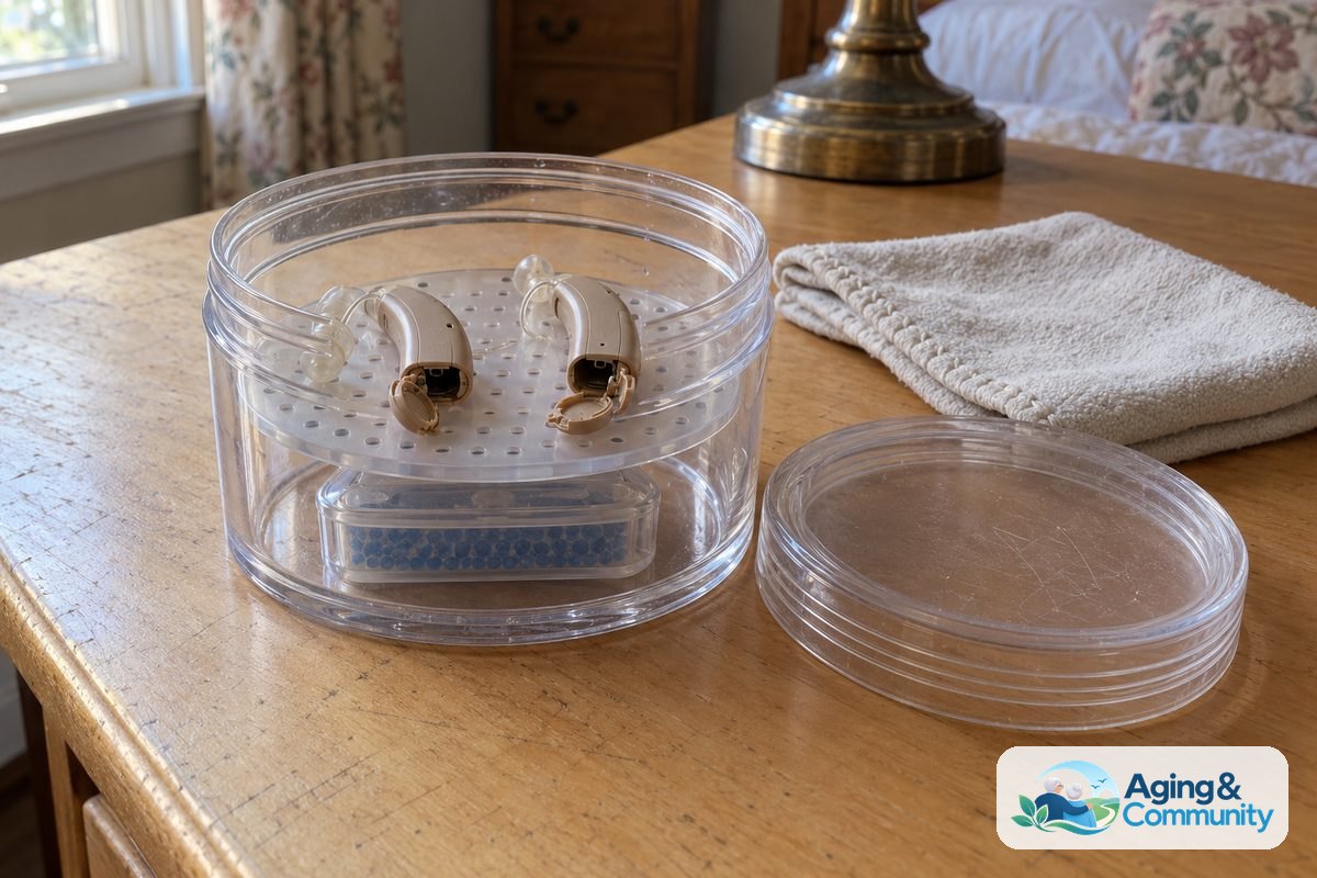 Two hearing aids with open battery doors rest on a perforated tray inside an open transparent drying jar with a capsule beneath it.