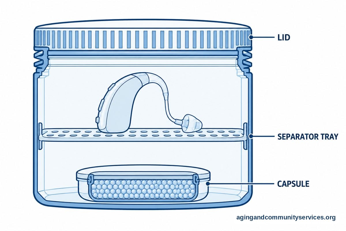 A cutaway drawing of a closed drying jar shows a hearing aid on a perforated tray above an enclosed drying capsule.