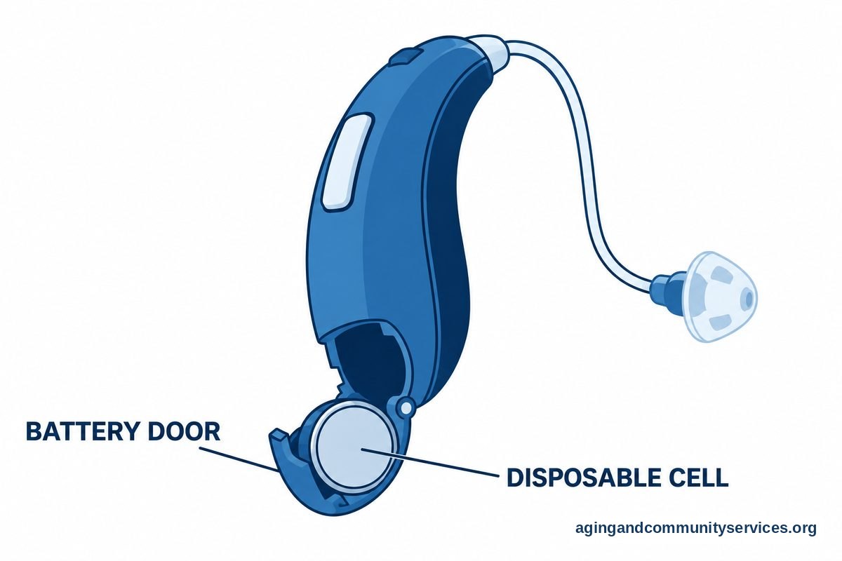 An enlarged hearing aid shows an open hinged battery door with a round disposable battery seated in its carrier.