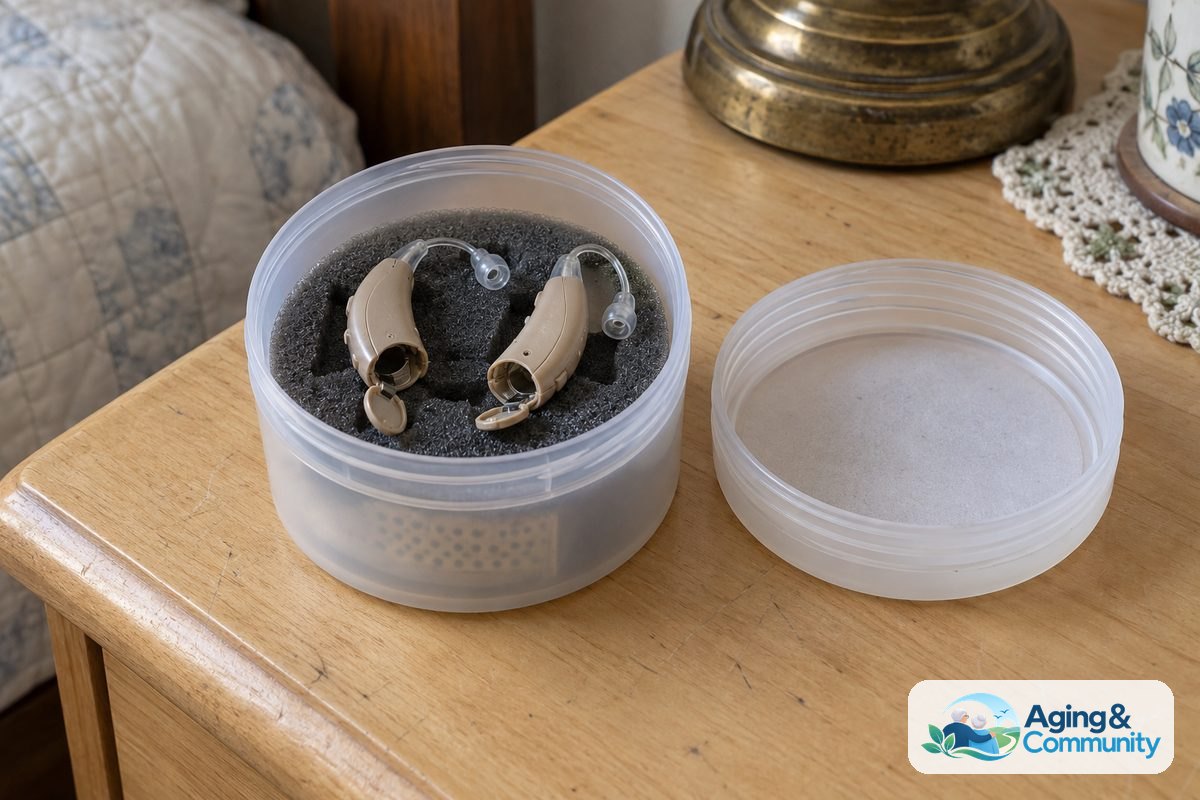 Two hearing aids with open battery doors rest on a foam insert inside an open drying cup beside its screw lid.