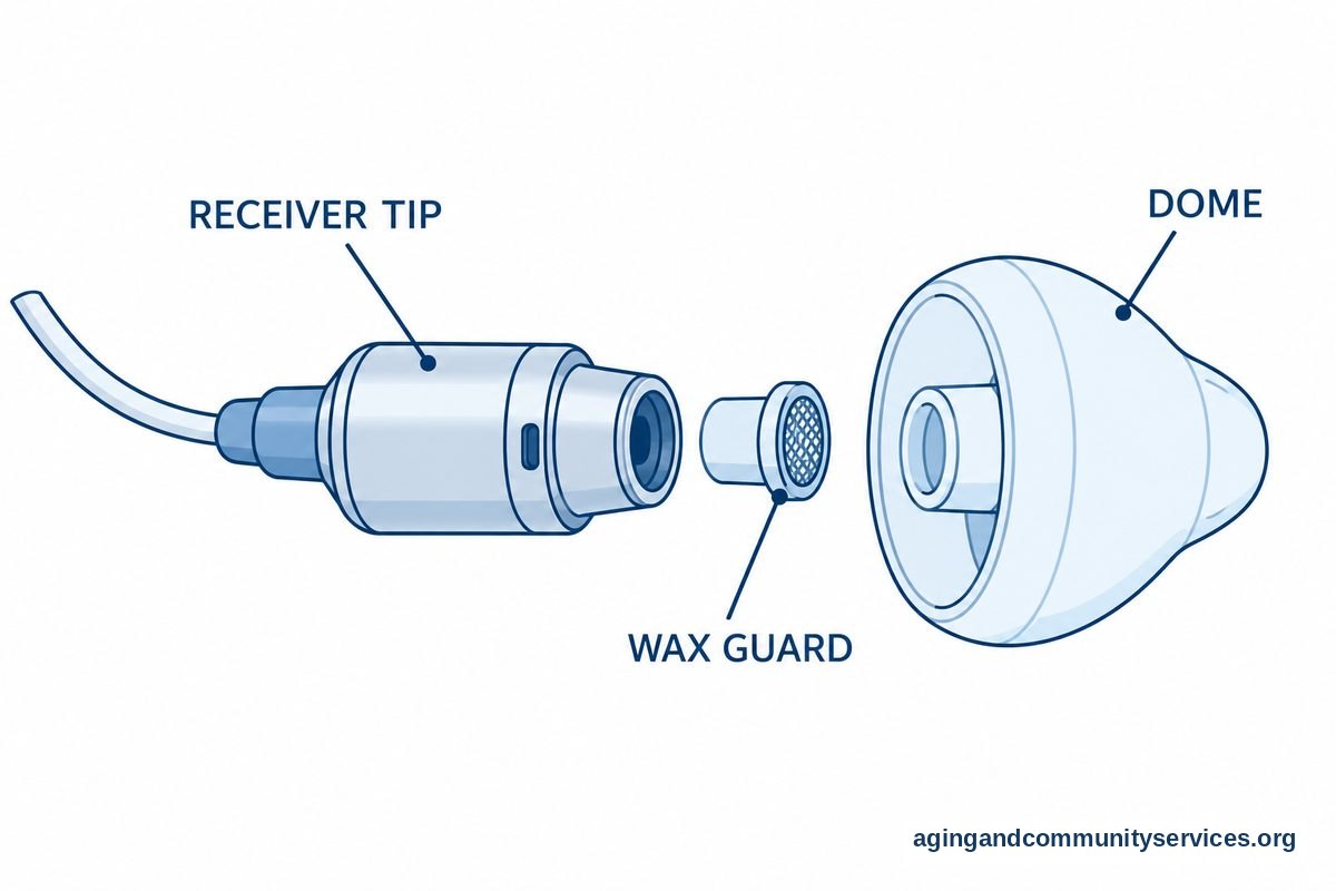 An enlarged exploded drawing shows a hearing aid receiver tip, a small wax guard, and a silicone dome aligned in assembly order.