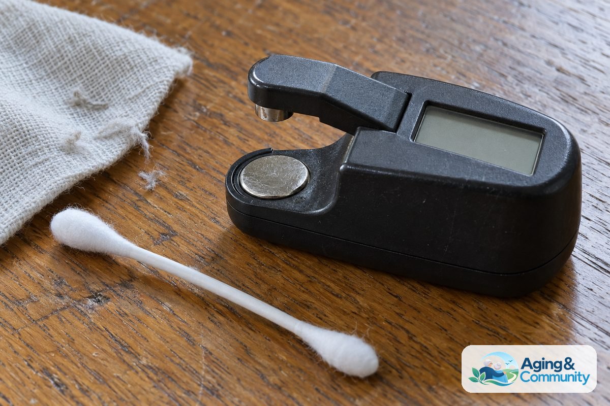A dry cotton swab rests beside the exposed metal contact pad of a pocket battery tester on a wooden tabletop.