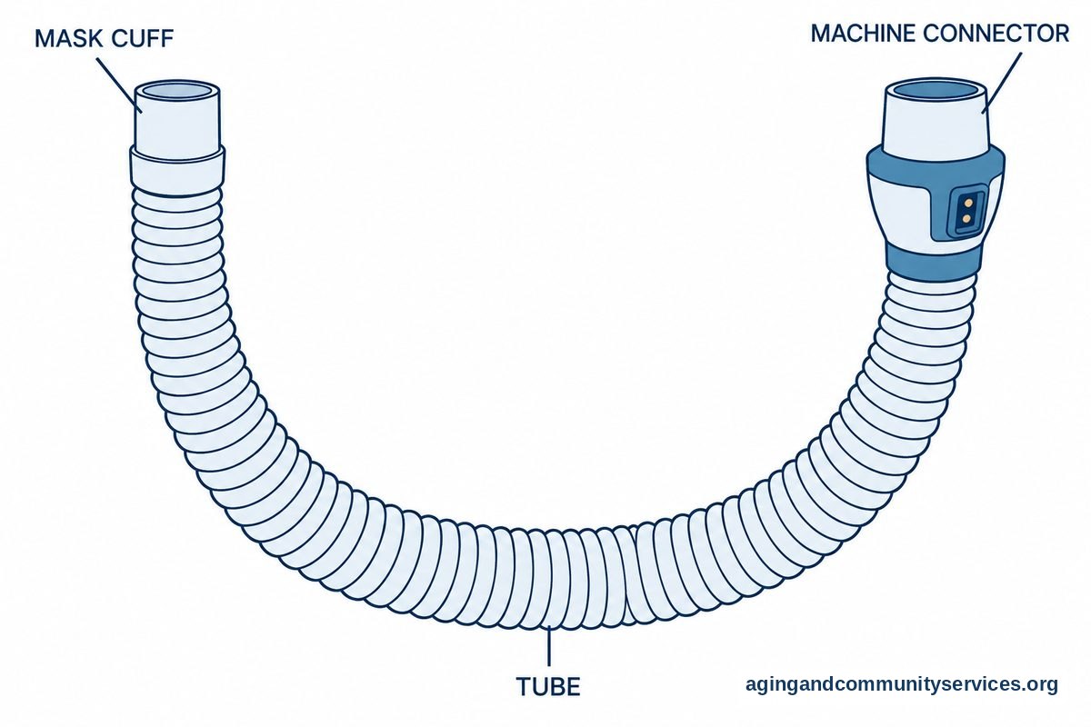 A large drawing of a heated CPAP hose identifies its corrugated tube, mask cuff, and machine connector with three short leader lines.