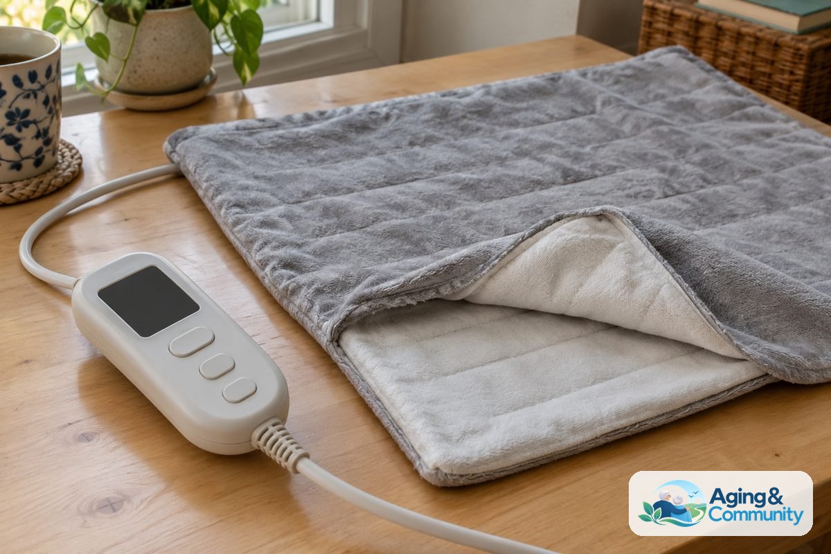 A fabric heating pad lies flat beside a large button controller, with its intact cord connection and open removable cover visible.