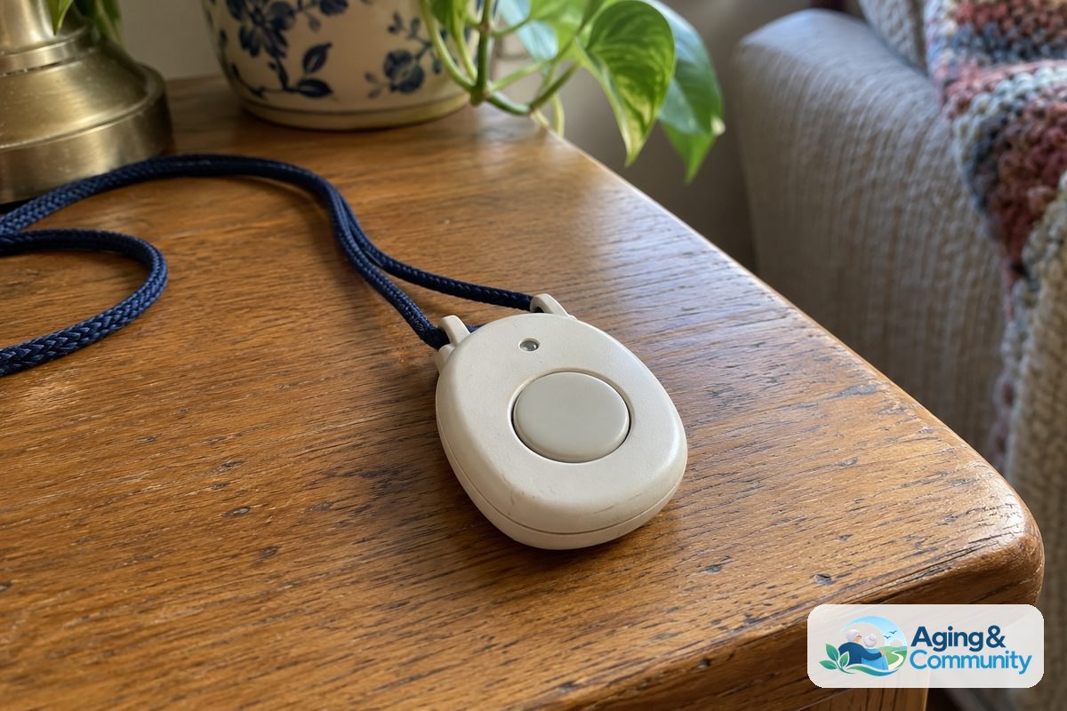 An oval help pendant with a large central button and woven neck cord rests on an oak tabletop.