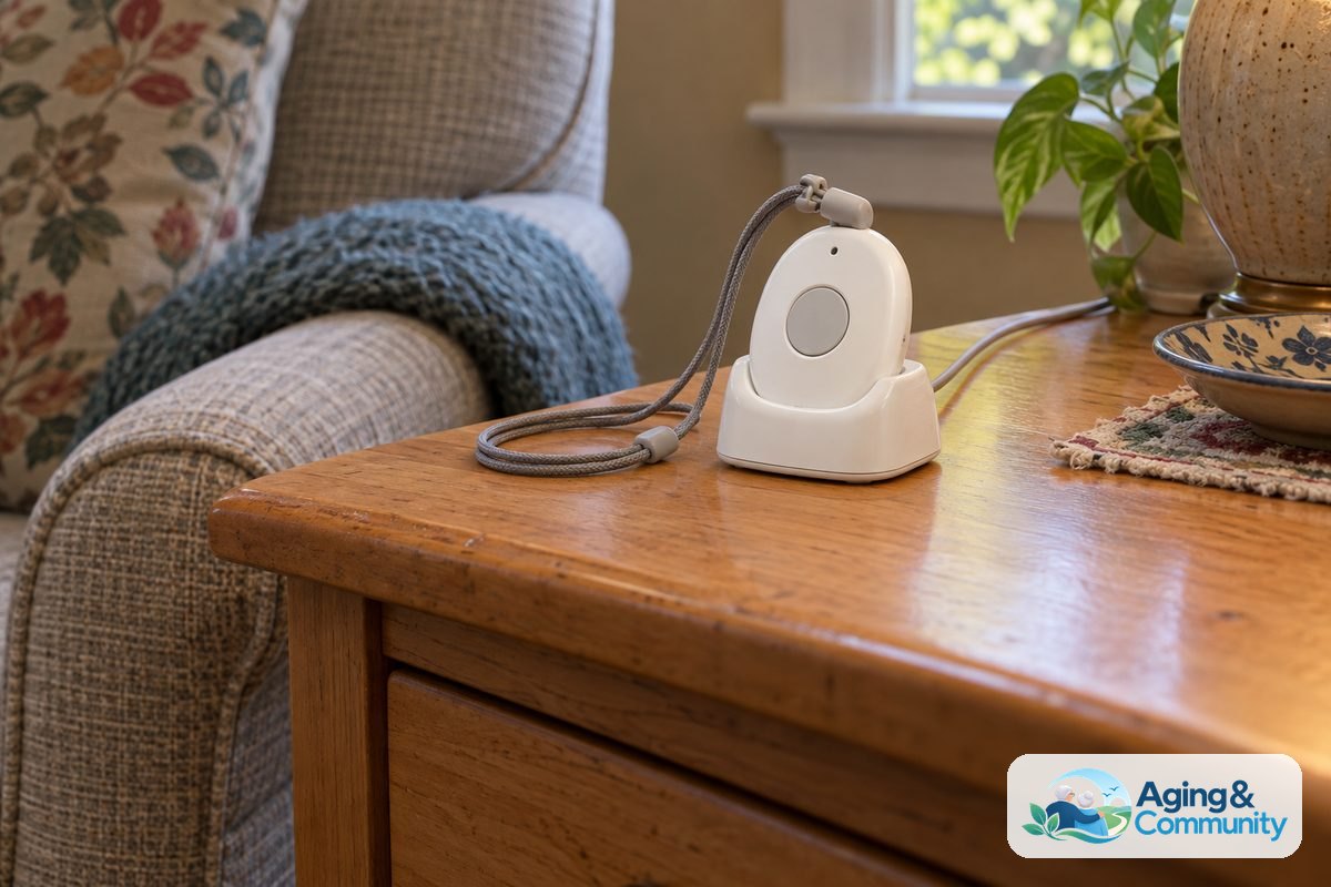 A help necklace sits upright in a charging cradle on a wooden table with its cord loosely coiled beside it.