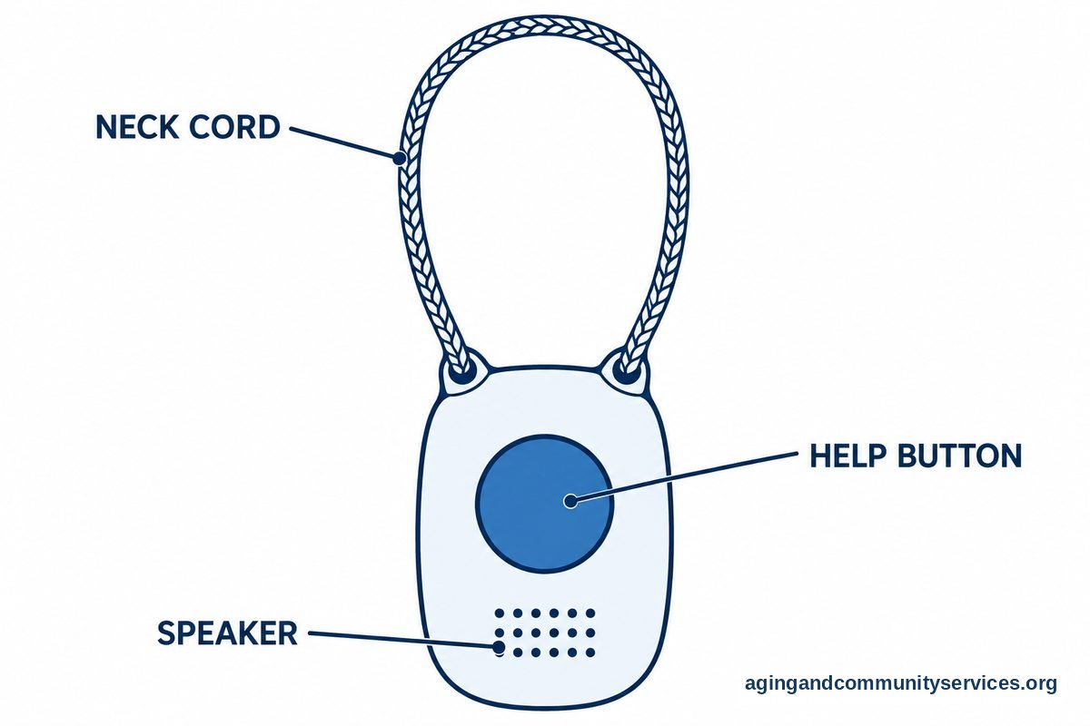 A large pendant drawing has three callouts pointing to its neck cord, central button, and speaker grille.