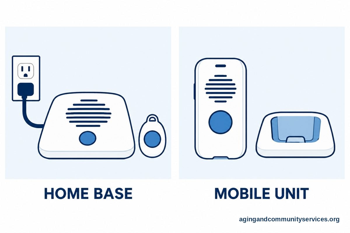 How to Choose a Medical Alert System for Your Needs 2 A diagram shows a plugged in tabletop alert base with a separate pendant beside a portable alert device resting next to its charging cradle.