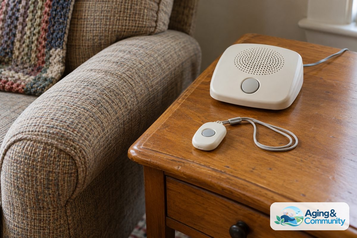 Elderly Fall Sensor Guide for Safer Daily Living 5 A home alert base station and a pendant lie within easy reach on a wooden side table beside an armchair.