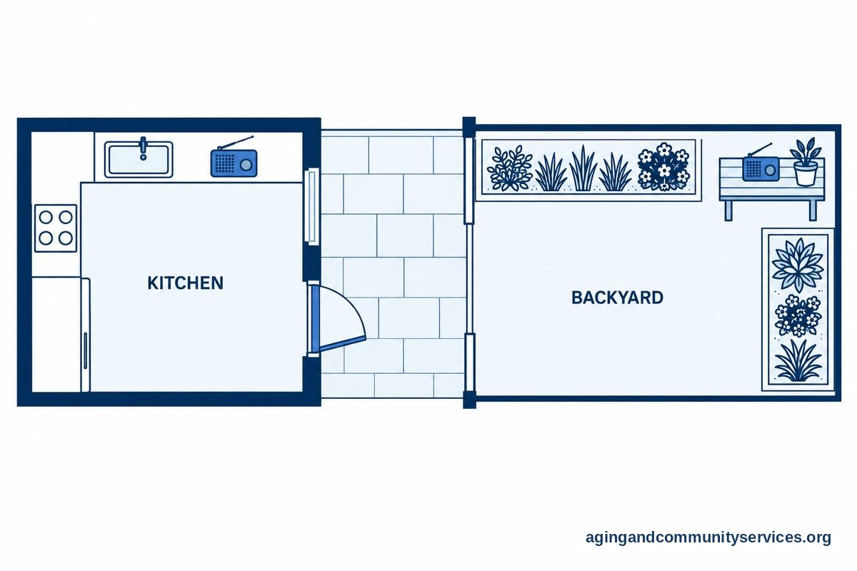 A top down floor plan shows one compact radio on a kitchen counter and another on a backyard potting bench beyond the back door.