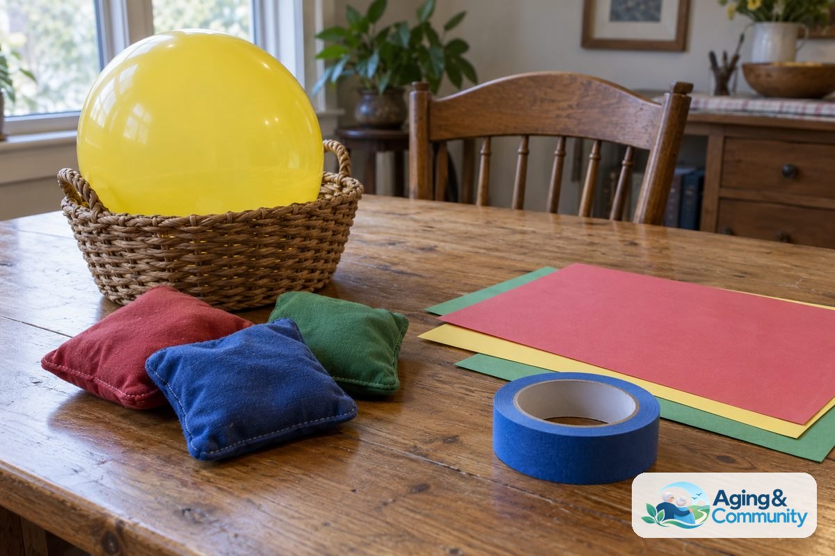 Fall Prevention Games for Seniors: Balance Fun 5 An inflated balloon, cloth beanbags, colored paper, a roll of painter’s tape, and a small basket sit on an oak table.