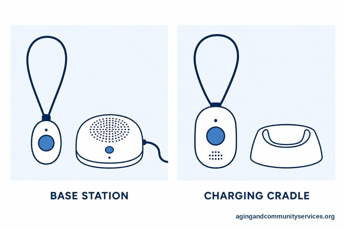 Two panels show a small pendant beside a tabletop base station and a larger pendant beside its charging cradle.