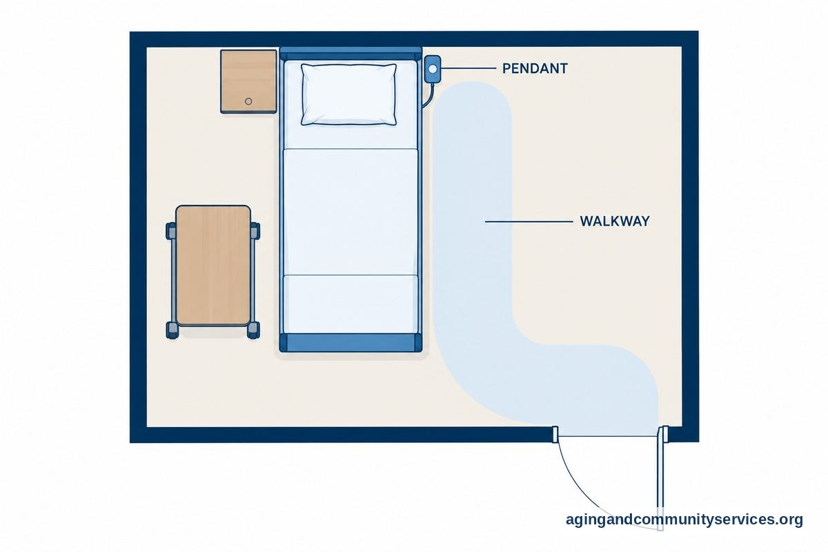 How to Use Hospital Bed Remote Controls Safely 5 A bedroom floor plan shows an adjustable bed, a pendant beside the pillow, a table parked near the foot, and an open walkway to the doorway.