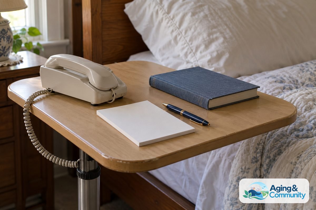 A corded telephone, blank notepad, pen, and closed address book sit on an overbed table beside a pillow, with the telephone cord routed away from the bed frame.