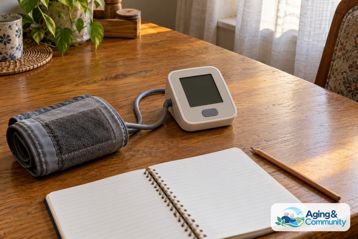 How to Use Blood Pressure Monitor Walgreens at Home 5 A blood pressure monitor, loosely rolled fabric cuff, open notebook, and pencil sit together on a wooden table beside an upholstered chair.