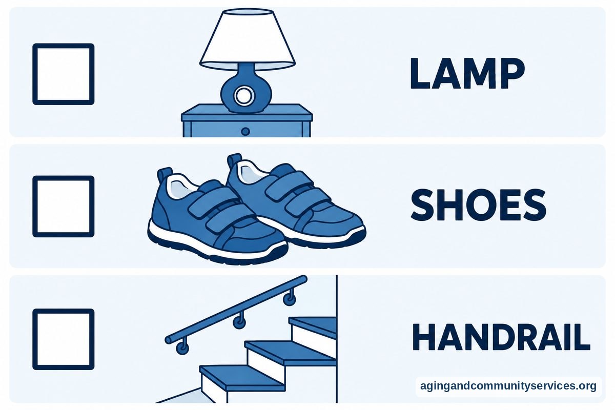 A vertical checklist shows an empty checkbox beside a table lamp, a pair of strapped walking shoes, and stairs with a continuous handrail.