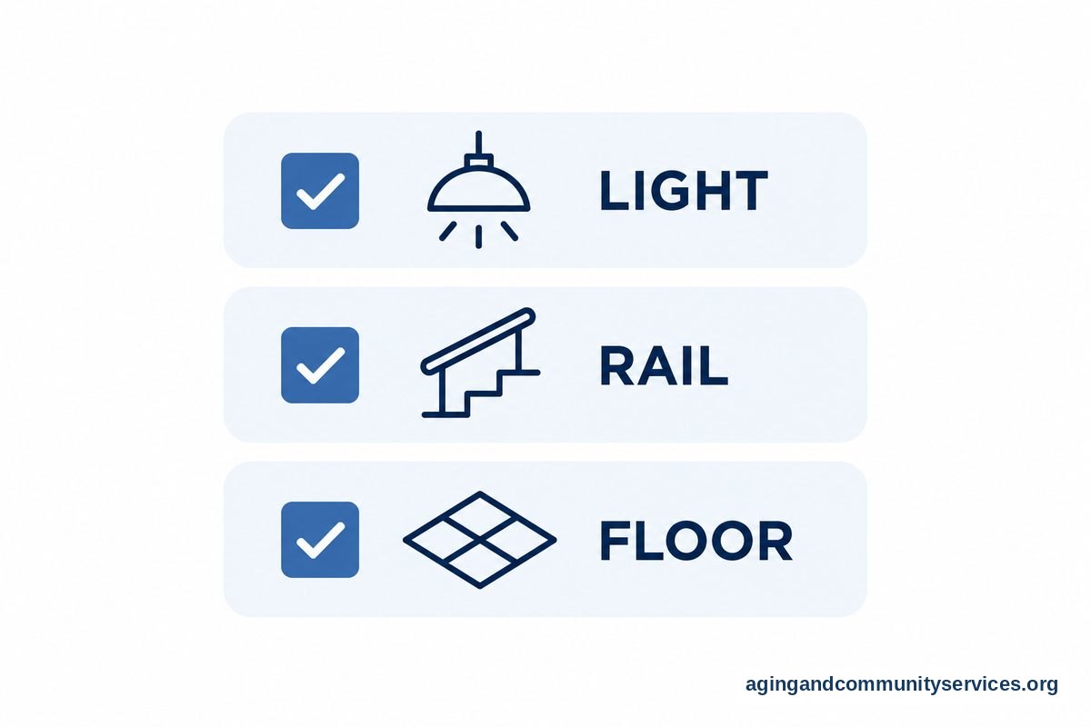 How to Modify Old House Spaces for Safer Living 6 Flat vector diagram of a vertical list with three items, each paired with a simple icon, on a white background.