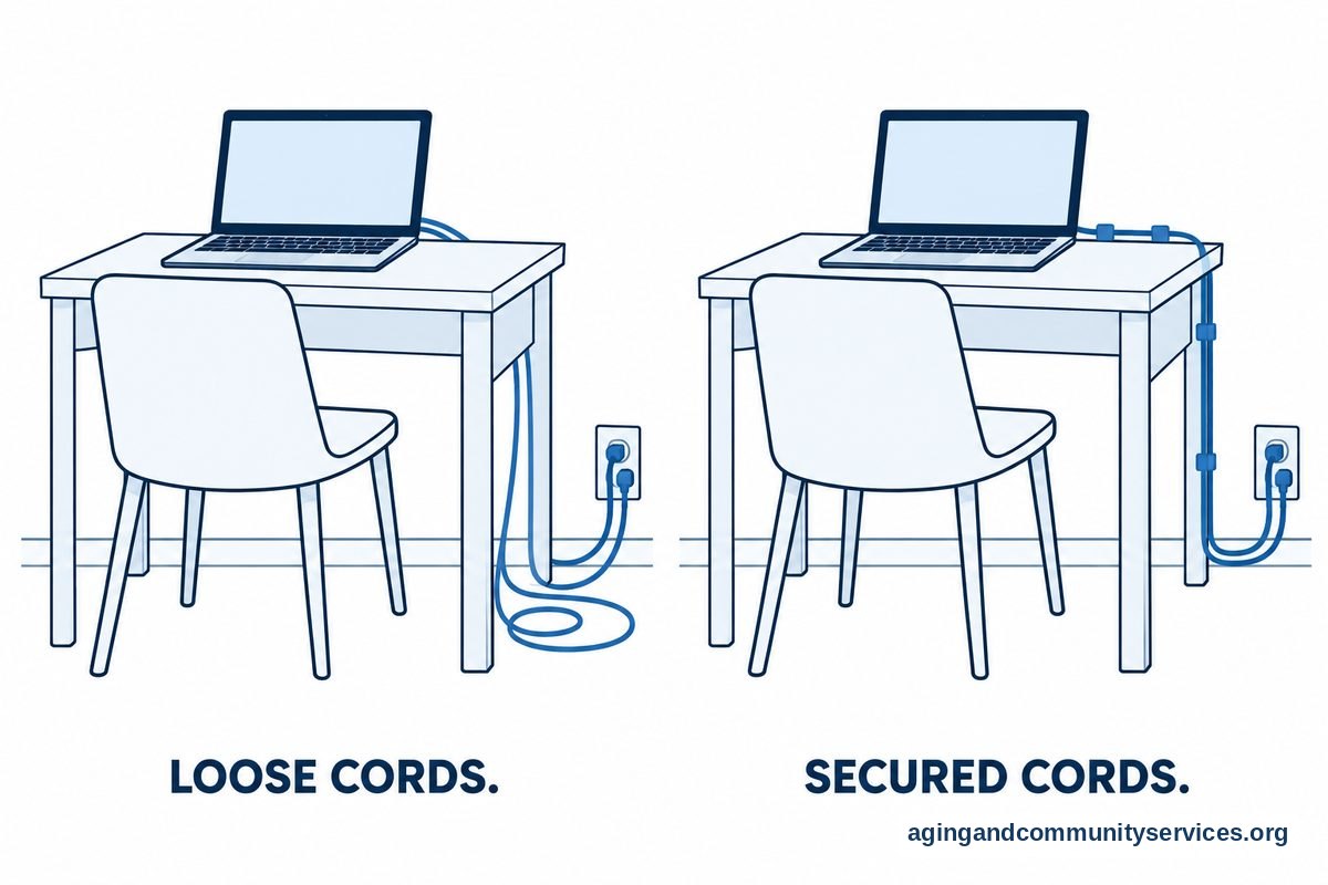 Two views of the same computer desk show loose cords crossing the floor on the left and cords secured along the back of the desk on the right.