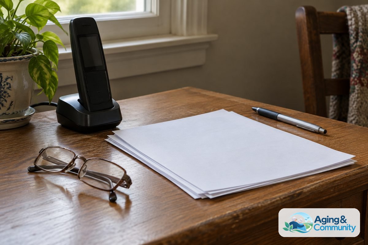 A cordless phone, reading glasses, a pen, and several face down sheets of paper sit on a worn oak desk.