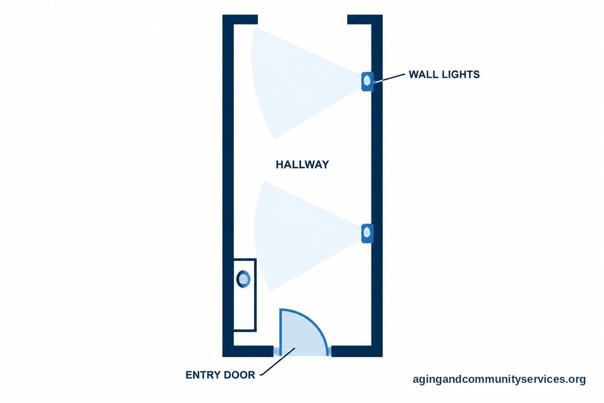 A top down hallway plan shows an entry door, a console against one wall, two wall lights and an unobstructed central walkway.
