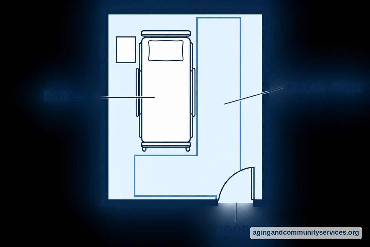 A bedroom floor plan shows a hospital bed, a doorway with its swing arc, and an open route along one side of the bed.