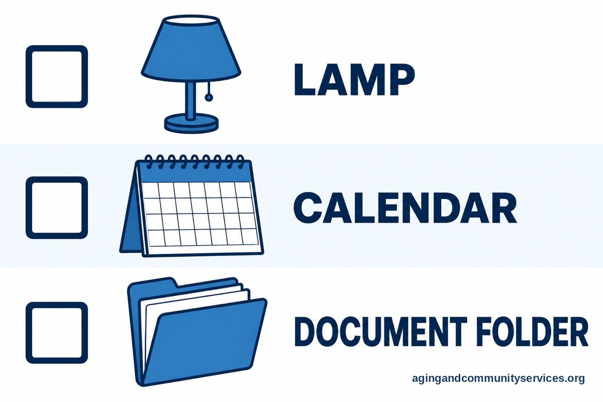 A vertical illustrated checklist shows a table lamp, a monthly calendar, and an open document folder beside three empty checkboxes.
