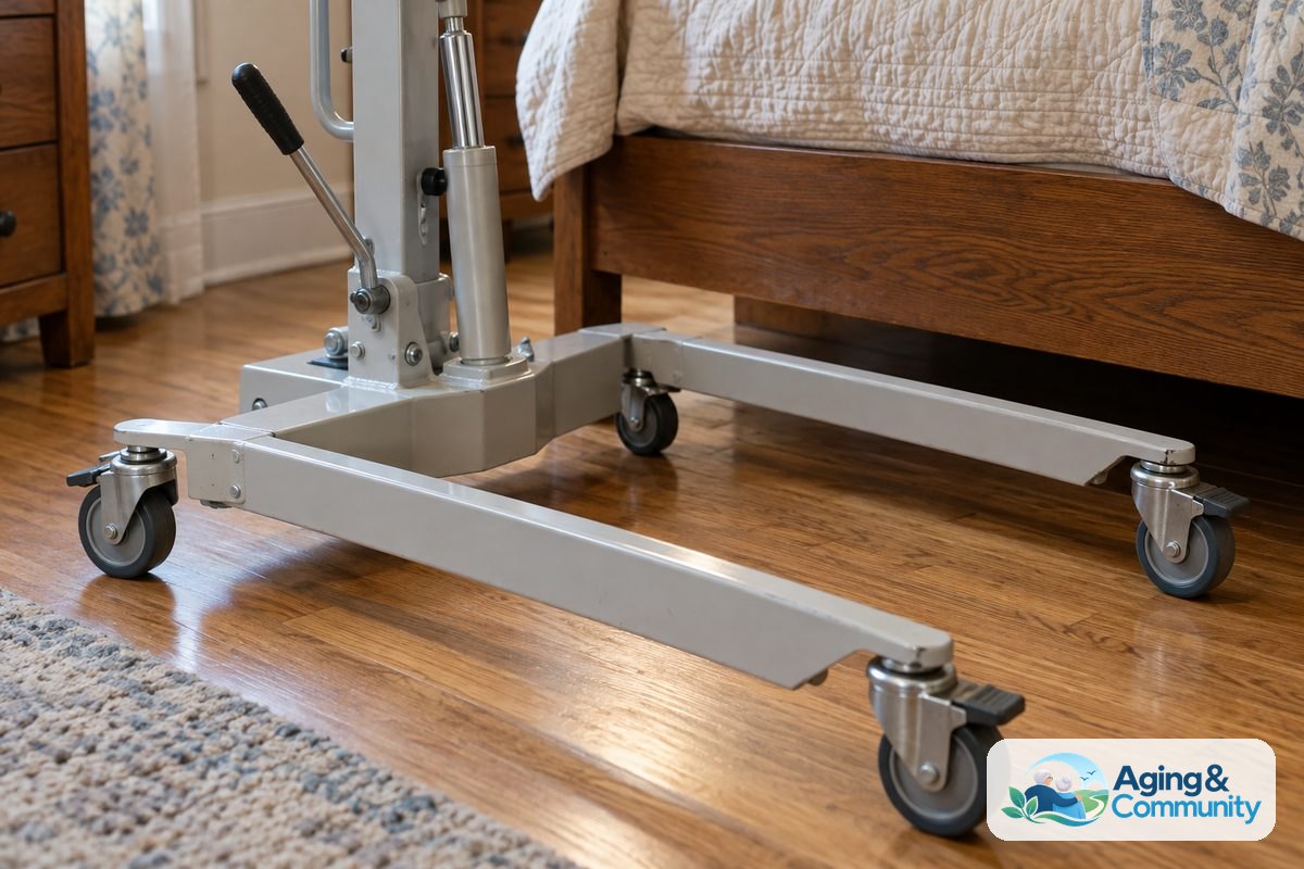 The steel base, swivel casters, hydraulic cylinder, and pump handle of a manual patient lift stand on a wood floor.