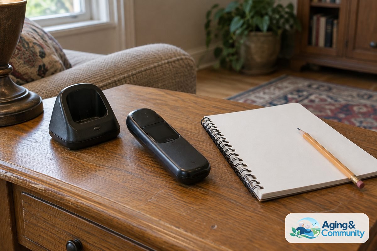 A cordless telephone rests beside an open blank notebook and a pencil on a worn wooden side table.