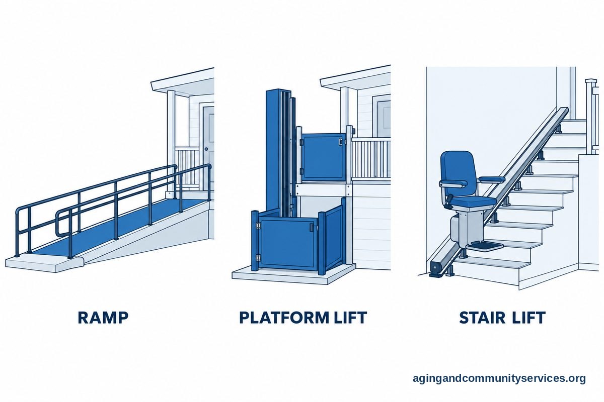 How to Use Wheelchair Lift Systems Safely at Home 3 Three drawings show a ramp with handrails, an enclosed vertical platform lift beside a porch, and a seated stair lift mounted along stairs.
