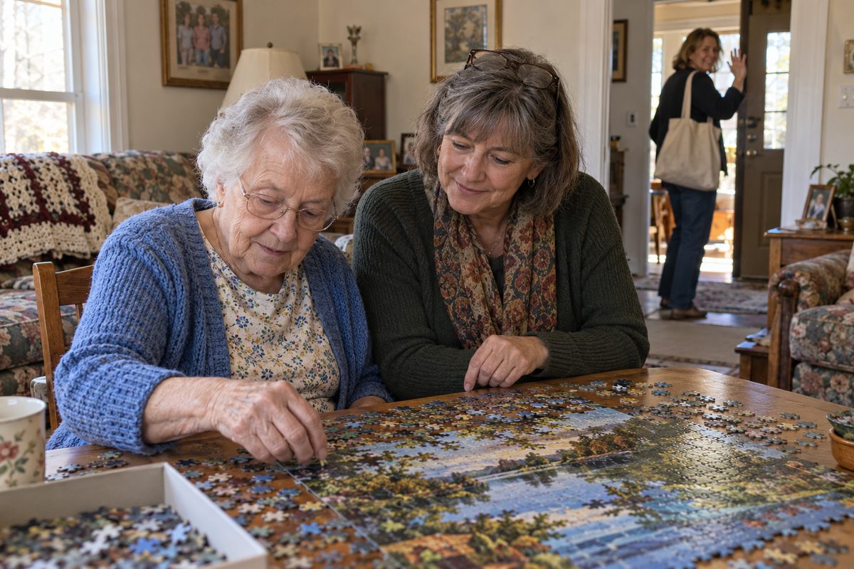 Caregiver Support: Programs, Respite, and Where to Start 2 An older woman and a visiting companion sit beside a puzzle in a living room while another woman carrying a tote waves from the doorway.