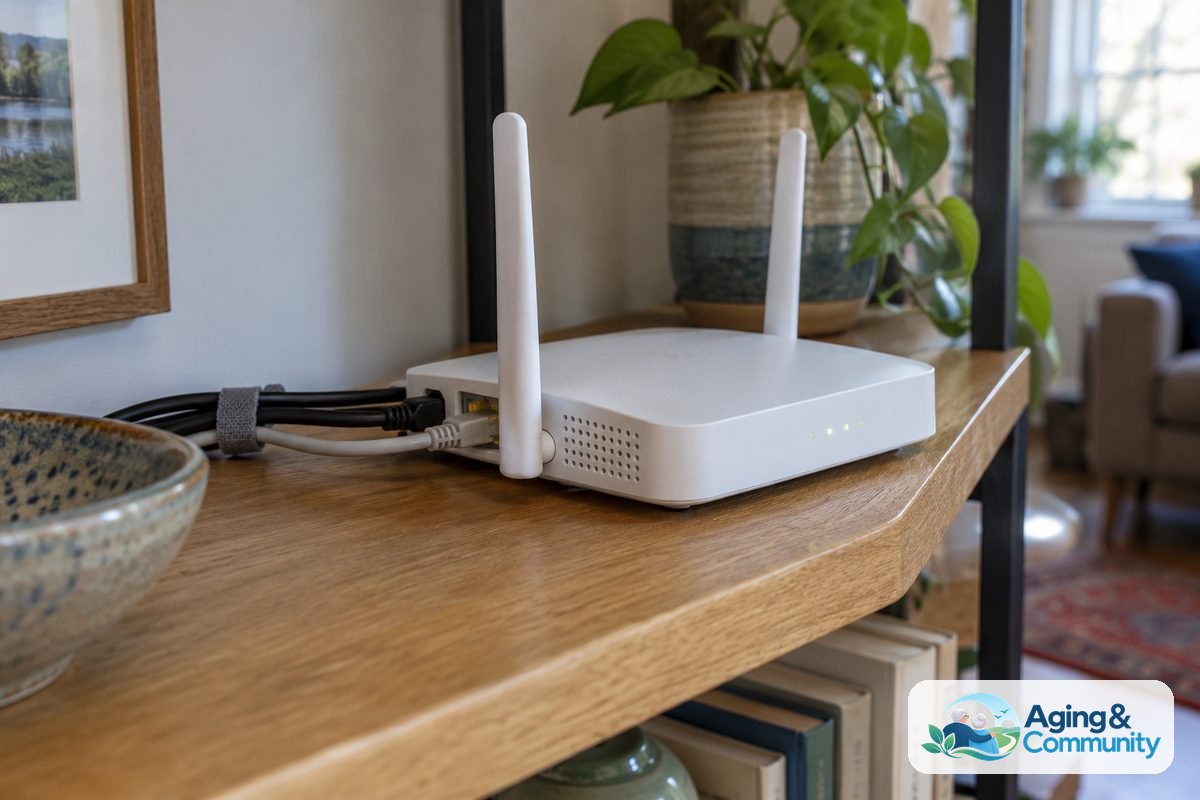 A white wireless router sits on an open wooden shelf with its power and Ethernet cables neatly routed behind it.